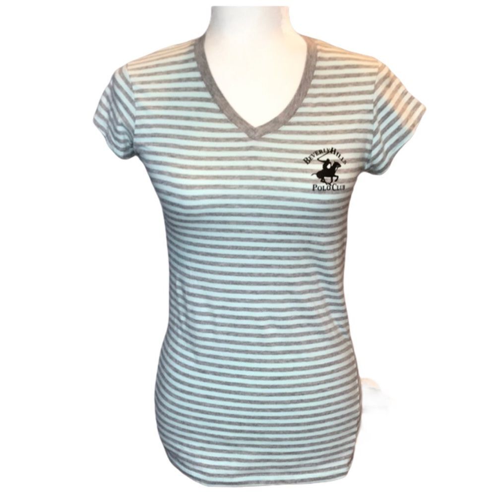 Beverly Hills Polo Club Striped V-Neck T-Shirt Small 90s Y2K Retro Top